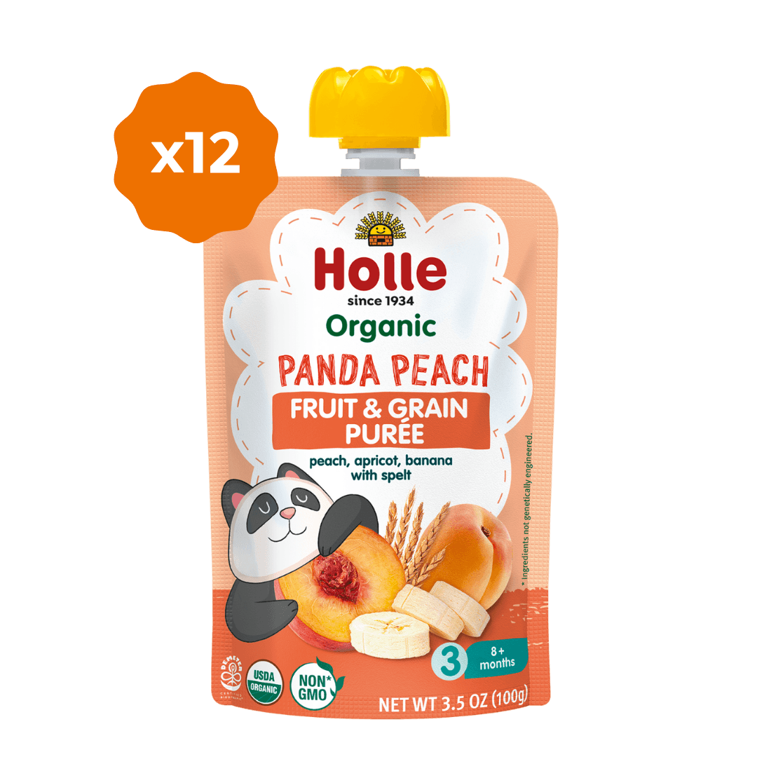 Holle Baby Food Pouches - Organic Fruit & Grain Puree -  Panda Peach