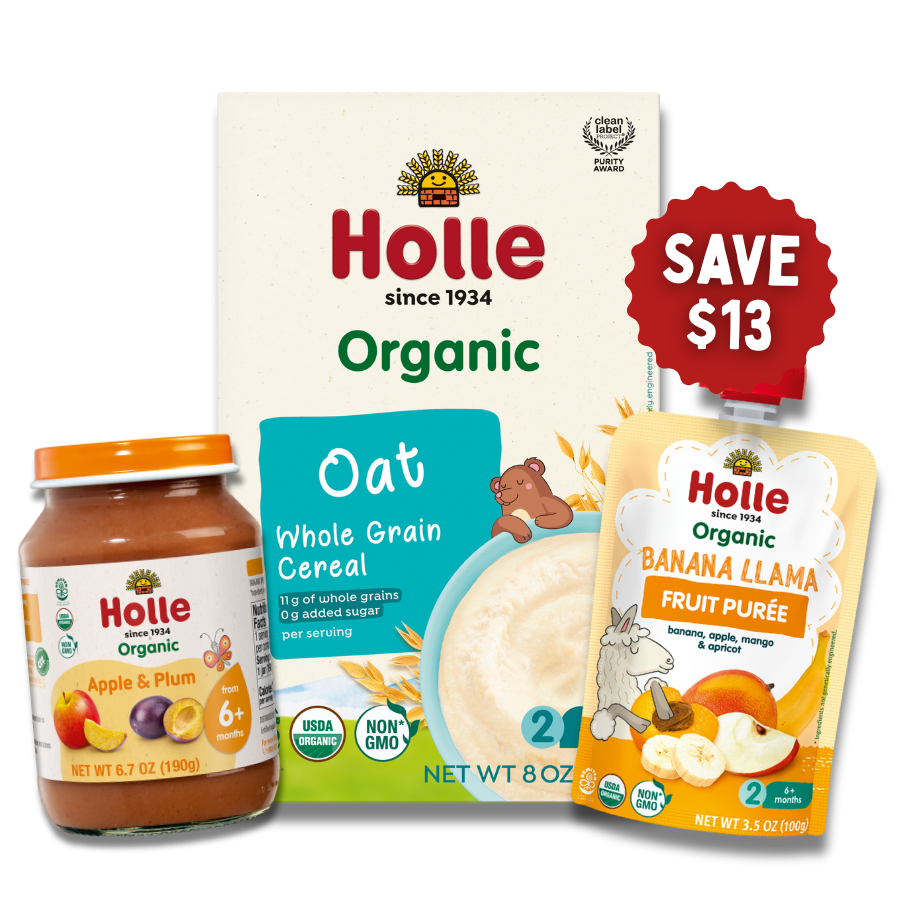 Starting Solids Variety Bundle: Apple & Plum Jars, Oat Cereal, Banana Llama