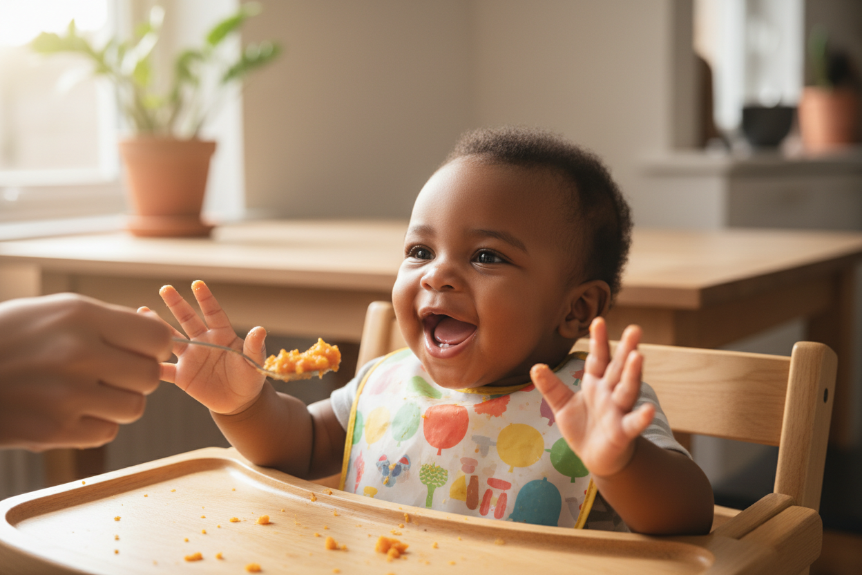 8 motnh old Black baby excited being fed